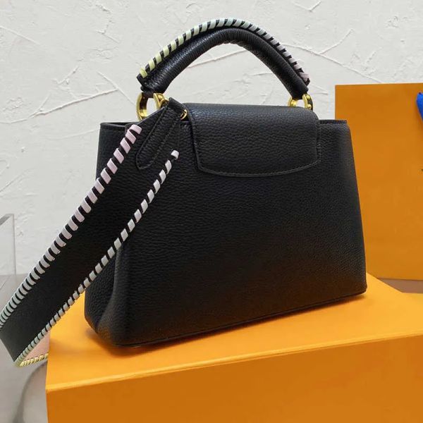 

2023 women fashion handbag crossbody bags shoulder tote bag litchee pattern genuine leather braided bicolor strap capucines handbags purse, Black;red