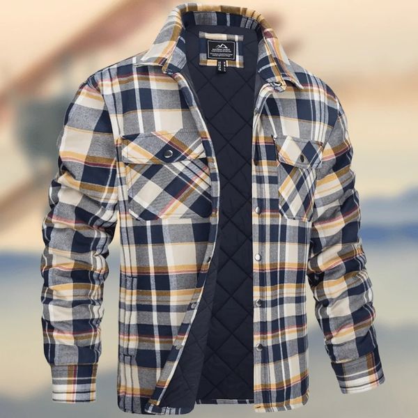 

Mens winter coat winter jacket down jacket long sleeve lapel checkered warm windproof shirt cotton-padded jacket fashion simple casual puffer jacket