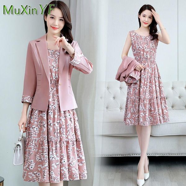 

dress conjunto de vestido de dos piezas para mujer chaqueta blazer con estampado floral traje de moda coreana ropa profesional prima, White
