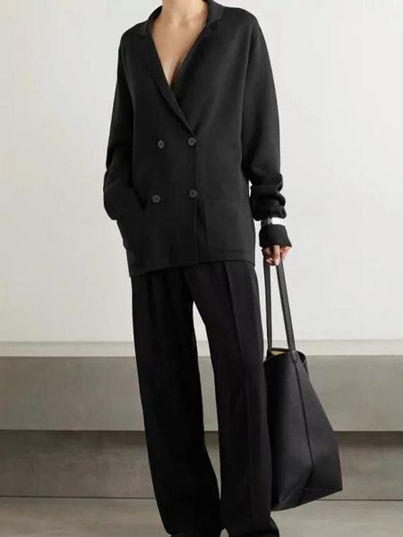 

pants 2022 autumn and winter new lapel 100% wool knitted solid color doublebreasted women casual blazer suit jacket, White