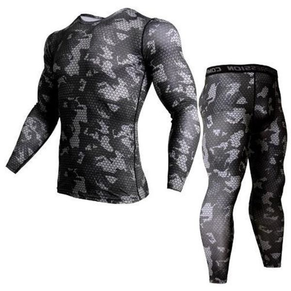 

2 piece tracksuit men compression mma long sleeve t shirt rashgard kit camouflage sweatshirt leggings fitness thermal underwear y2267y, Black;white