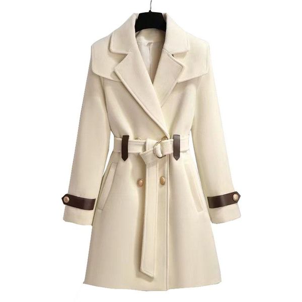 

fur women elegant autumn winter longsleeved doublebreasted lapel pockets mediumlength highquality wool woolen trench coat f244, Black