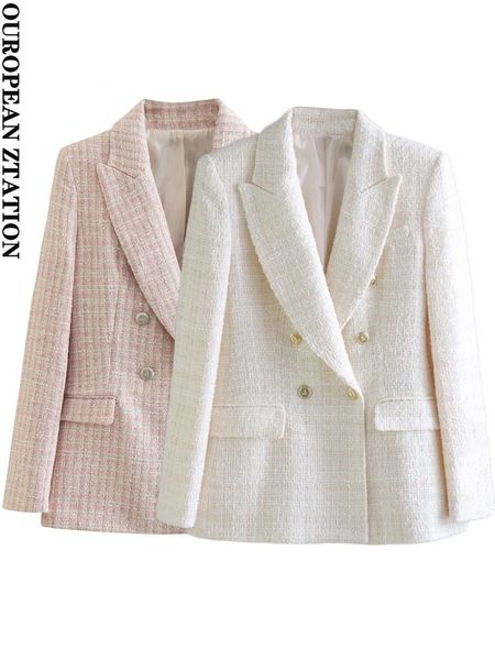 

pants pailete women 2022 fashion double breasted tweed blazers coat vintage long sleeve pockets female outerwear chic veste, White