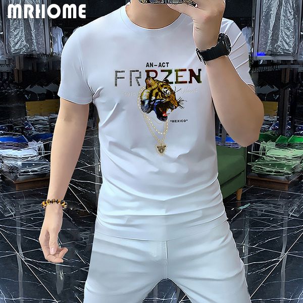 

men's short sleeved t-shirt mercerized cotton sequin gold necklace tiger head male tees summer new style european fashion clothing m-4x, White;black