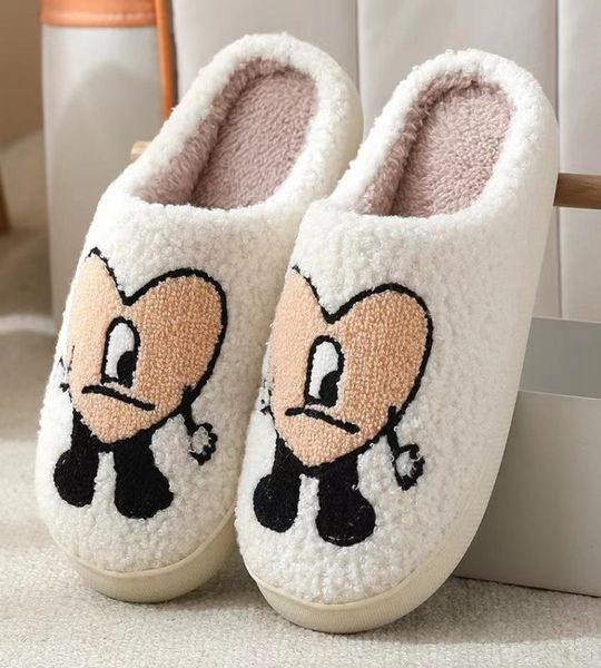 

cute badbunny pattern slippers slides key chain and blanket ladies winter indoor flat warm bad bunny smiley slippers9396103, Black
