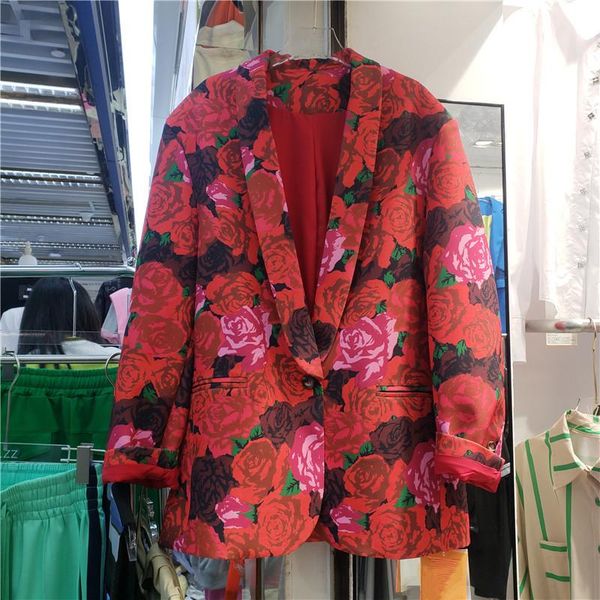 

pants women red blazers jackets flower print long sleeve loose high street fashion spring vintage suit jacket casual lapel lady blazer, White