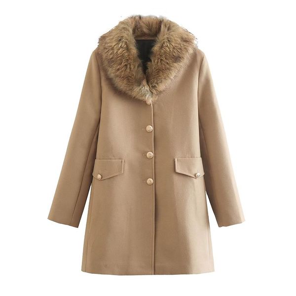 

fur diyig women 2022 new fashion wool jacket female clothing medium length woolen coats detachable fur collar slim elegant outerwear, Black