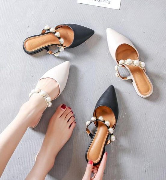 

pearl flats shoes for women pointed toe elegant women mules slip on flat shoes for women9492453, Black