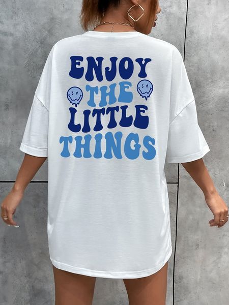 

womens tshirt enjoy the little things slogan letter printed women tshirts oversize loose clothing oneck breathable cotton short sleeves 2304, White