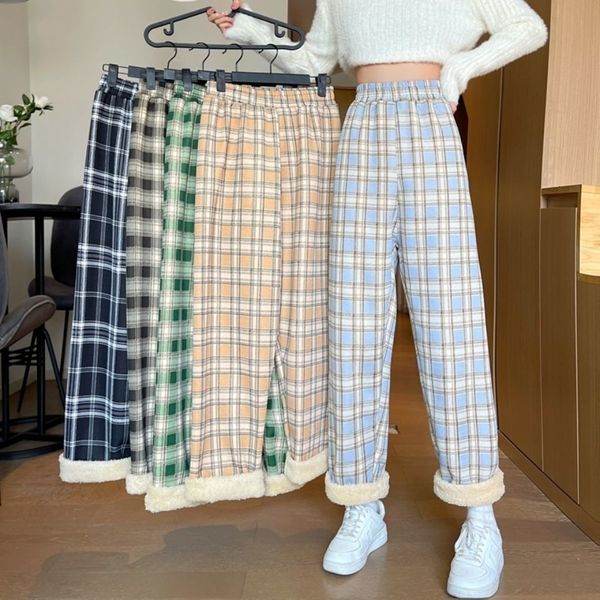 

women's pants s plus velvet thick straight winter warm plush plaid pant casual loose wide leg trousers harajuku hip hop streetwear 2304, Black;white