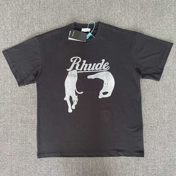 

designer fashion clothing tees hip hop tshirts rhude american night cat print high street loose fitting t-shirt men's women's labe, White;black