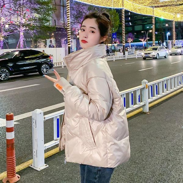 

leather fashion cottonpadded jacket women's short standup collar 2021 winter new korean version of the shiny loose thick padded jacket, Black