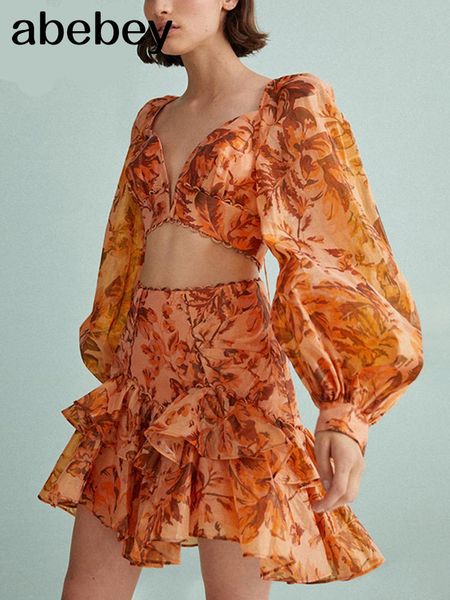 

dress casual print women two piece sets v neck lantern long sleeve short high waist patchwork ruffles suit female new, White