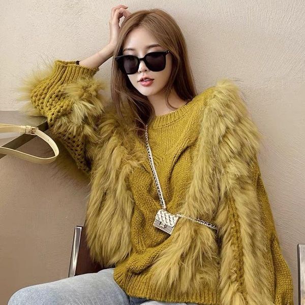 

fur korean style luxury real fur jumpers pullovers fashion plus size knitted natural fur sweaters outerwear, Black