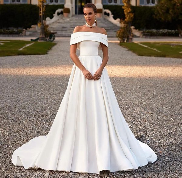 2024 Simple Modern Wedding Dress Off The Shoulder Satin Dubai Women A-line Bride Gowns Custom Made Vestidos De Novia Robe De Mariage