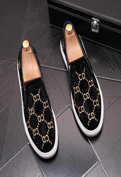 

new luxury embroidery men039s fashion casual shoes blackgold glitter leisure slip on rivets loafers shoes man party weeding dr3464054, Black