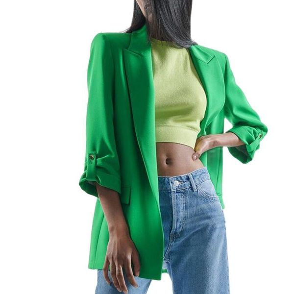 

pants fashion casual loose notched blazers women elegant green rollable sleeve jackets women spring pockets straight suits ladies, White