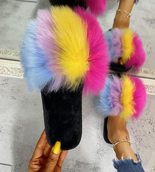 

winter fluffy raccoon slippers shoes women real faux fur flip flop flat furry slides outdoor sandals woman amazing 2011252443908, Black