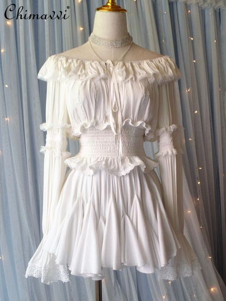 

dress 2022 spring summer new fashion white short pantskirt halflength high waist bubble skirts long sleeve slim twopiece