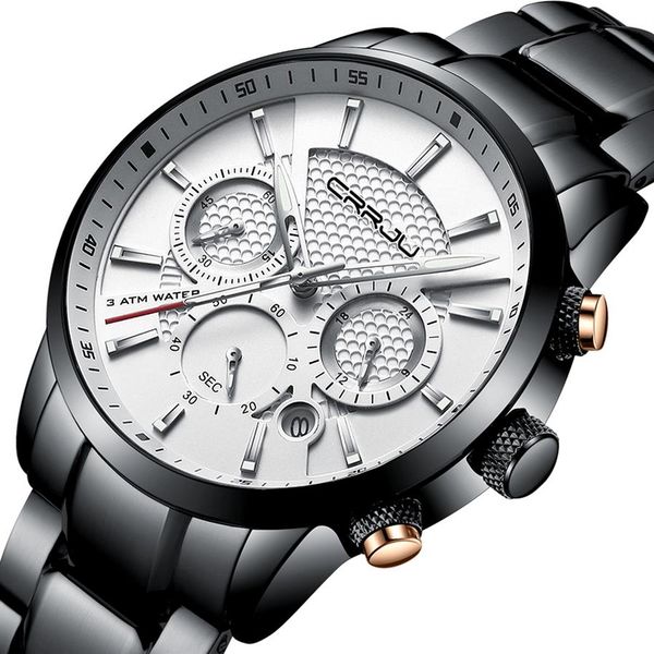 

men stainless steel wristwatch crrju man luxury brand unique quartz chronograph army waterproof clock casual fashion watches2567, Slivery;brown