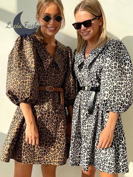 

casual dresses printed peter collar fahsion midi dress for women puff lantern sleeve y2k vintage female oversized leopard print elegant, Black;gray