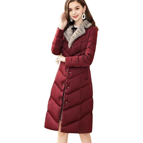 

leather new fashion women's casual long cotton jacket autumn winter warm down cotton jackets imitation mink fur collar parka overcoat, Black