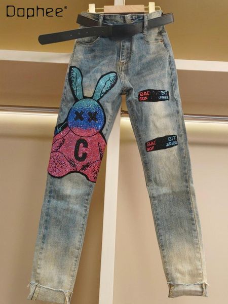 

jeans slim jeans for women spring and autumn 2022 new rhinestone cartoon rabbit high waisted allmatching fashion skinny pants, Blue
