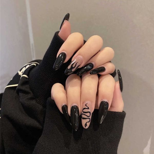 

false nails 24p black flame snake design false nails press on nail art long ballet wearing fake nails tips full coverage fakenails with glue, Red;gold