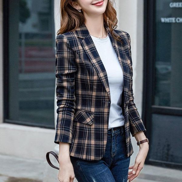 

pants peonfly vintage casual plaid blazer women fashion single button office ladies jacket coat notched collar long sleeve jacket 2022, White