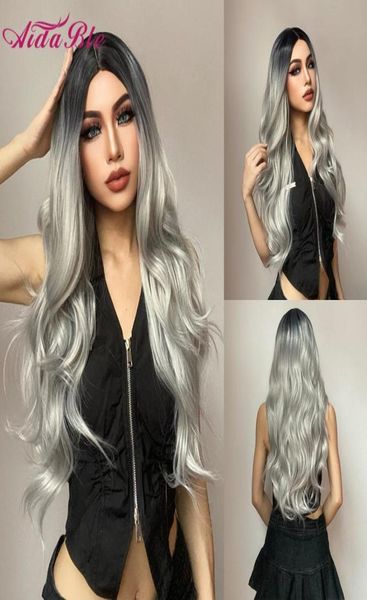 

hairsynthetic black synthetic ombre gray brown s long wave women middle part highlight ginger cosplay party natural heat resist6061216