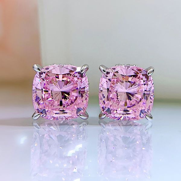 

cushion cut 10mm pink diamond stud earring 100% real 925 sterling silver promise wedding earrings for women bridal party jewelry, Golden;silver