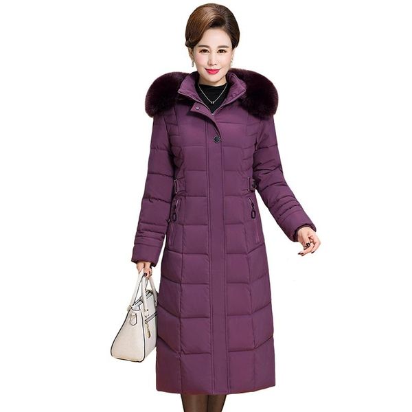 

leather 2022 new winter jacket women hooded fur collar xlong thicken middleaged womens winter coats cotton long parkas high quality, Black