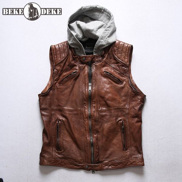 

men's vests natural sheepskin motorcycle biker vest removable hooded sleeveless jacket casual genuine leather waistcoat 230420, Black;white