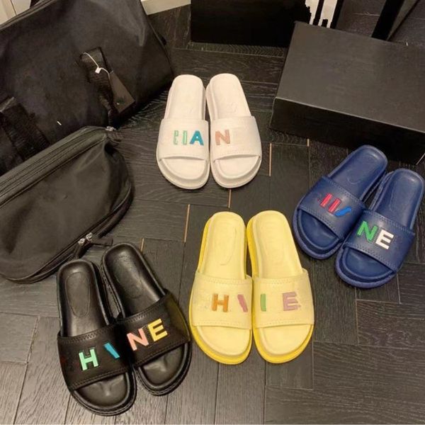 

women slippers summer famous sandals honey embroidery rainbow letter buckle c calfskin platform shoes fashion designer indoor slippers mules, Black