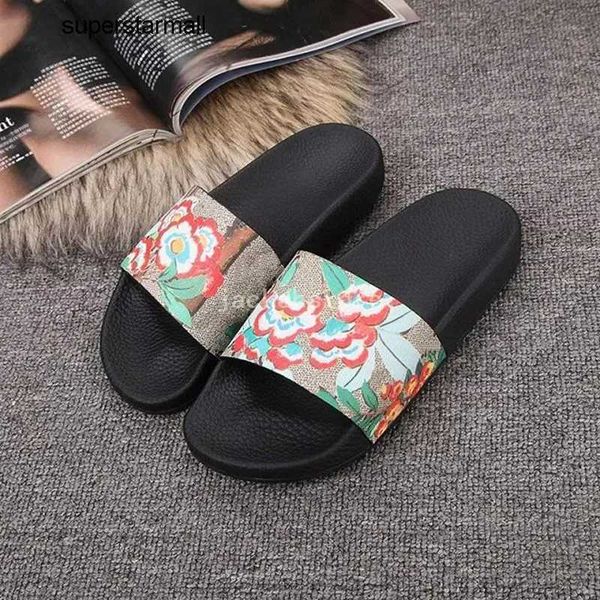 

slippers ggity new men and women leather sandals flower printed letters slippers flat bottomed women summer slip lovers waterproof sandals, Black