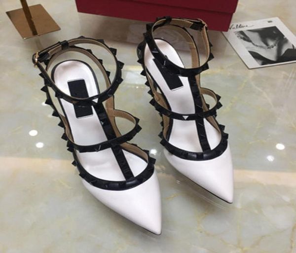 

designer pointed toe 2strap with studs high heels matte leather rivets sandals women studded strappy dress shoes valentine stilet7349401, Black