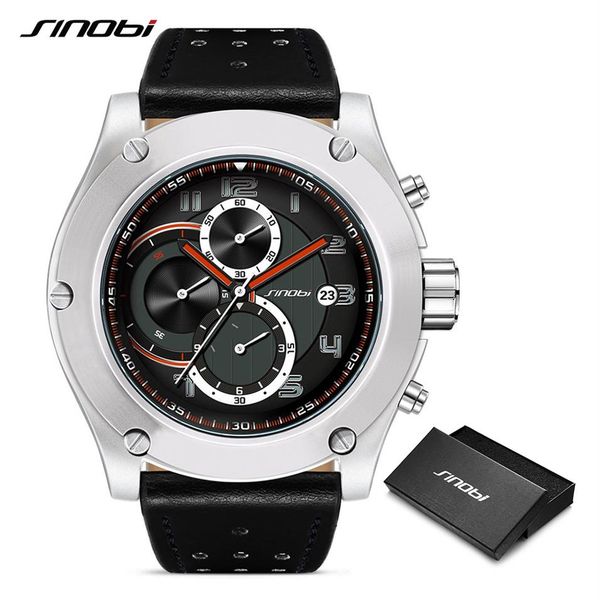 

sinobi brand sport men watch luxury male leather waterproof chronograph quartz clock military wrist watch men clock saat gift2643, Slivery;brown