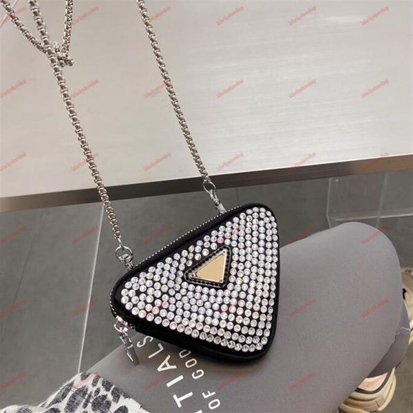 

mini triangle purse wallet zipper bag women's chain wallets nylon crystal card holder pocket short girl wedding party tote ba226b, Red;black
