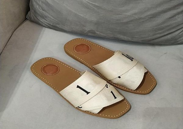 

women slides slipper woody flat mule canvas print grove brown cloth slipon sandal metal buckle flip flops summer beach shoes no299777995, Black