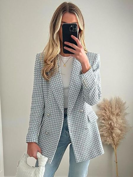 

pants blazers suits for women 2022 office elegant peak lapel check tweed blazer long sleeve double breasted blazer jacket with pockets, White