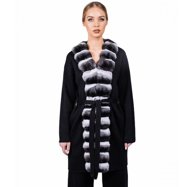

fur women cashmere cardigan with fur collar fur cardigan sweater women cashmere cardigan with real rex rabbit fur collar poncho, Black