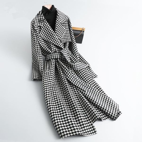 

fur women long coat luxury wool long spring autumn blends plaid turndown collar sashes single breasted office lady women coat, Black