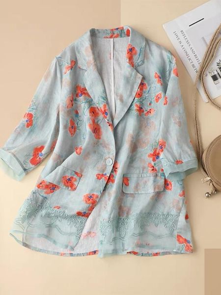 

pants 2022 new summer women's small suit jacket fashion retro literary print loose casual lapel jacket cotton linen thin suit women, White