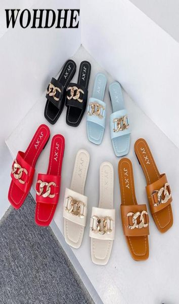 

metal chain slippers women open toe flat casual slide beach flip flops candy color sandals shoes green big size 41 424165648, Black