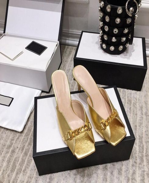 

luxury designer women039s slippers stiletto with metal chain retro and stylish square mouth design shows small feet7923060, Black