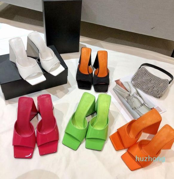 

white silk square toes slippers chunky heels mini luxury designers slides summer shoes 10cm high heel women sandals ladies sandal 5011029, Black