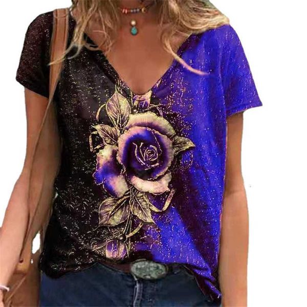 

summer casual v-neck 2023 3d rose short sleeve loose t-shirt blouse woman, White
