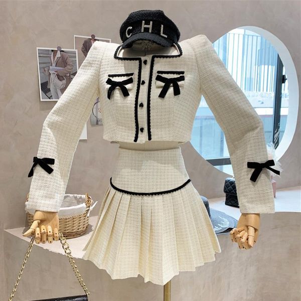 

dress square neck fall winter tweed two piece set women sweet bowknot crop coat+ mini pleated skirt ensemble, White