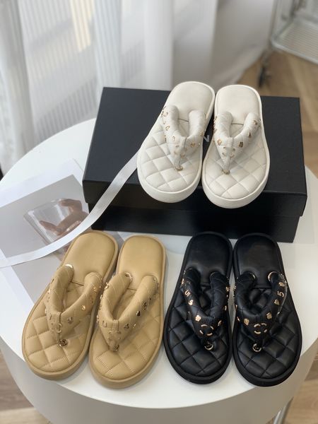 

23p quilted sandal slippers women girls c padded charms thong slides flip flop soft lambskin leather paris designer sandals thick bottom poo, Black