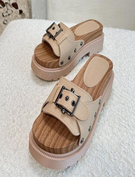 

luxury summer shoes women genuine leather platform beach slippers belt buckle chunky heels slides flip flops designer shoes3732600, Black